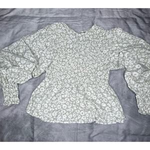 Women Top S Boho Y2K Hippie Prairie Green White Floral Smocking Coquette